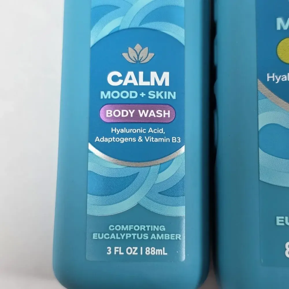 OLLY CALM Mood +Skin Body Wash 3oz With Body Serum 8oz -2 pk Eucalyptus Amber
